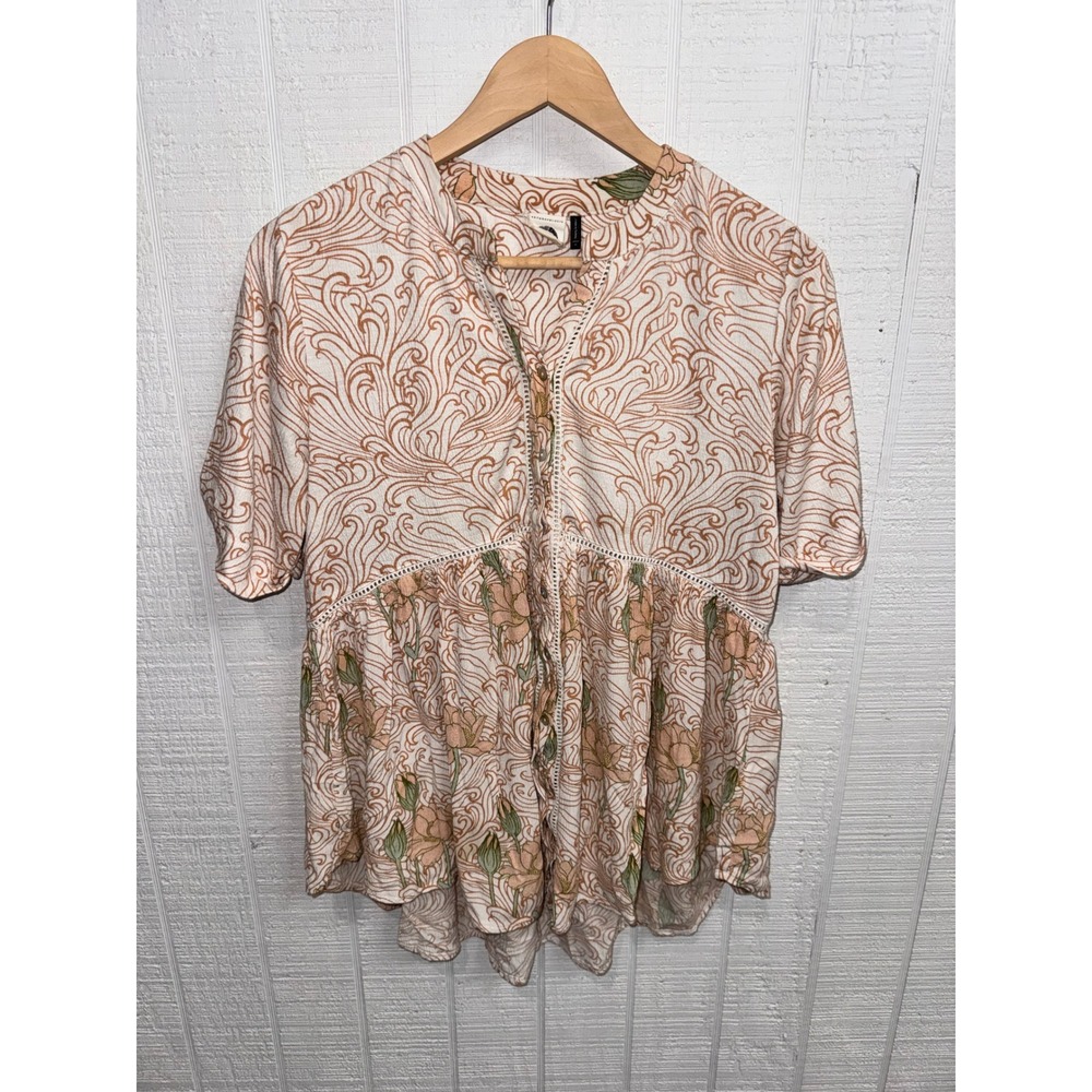 Akemi + Kin Anthropologie Babydoll Top Women Cream Floral Print Boho M